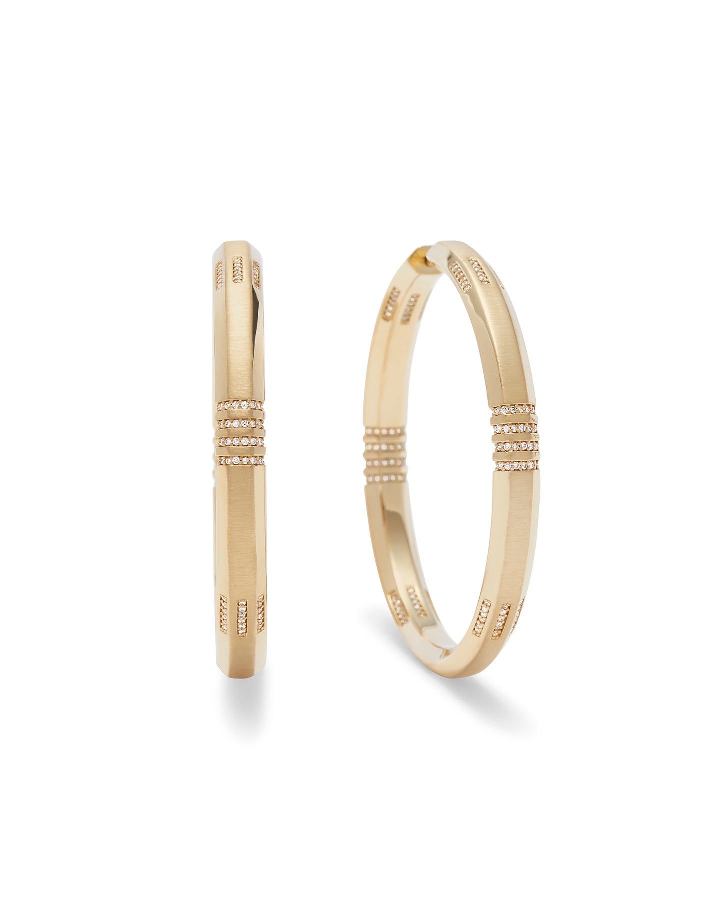 18K Yellow Gold and Natural Diamond Spindle Hoop Earrings